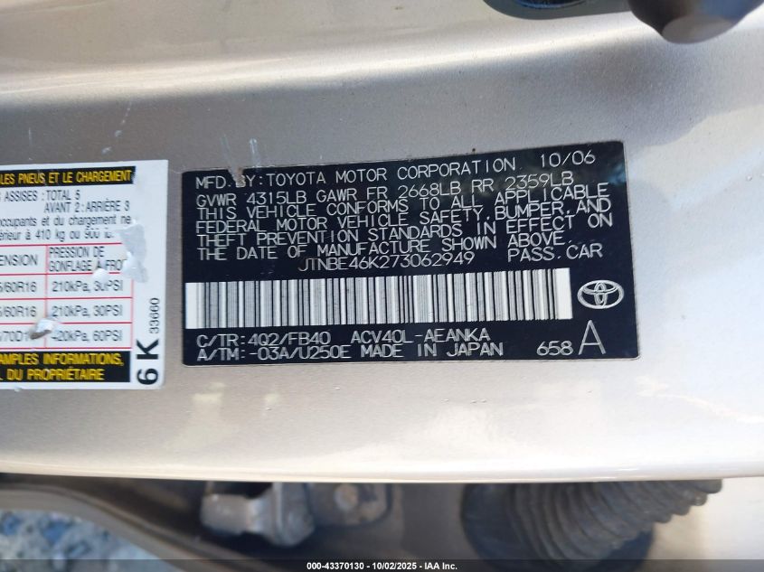 2007 Toyota Camry Ce VIN: JTNBE46K273062949 Lot: 43370130