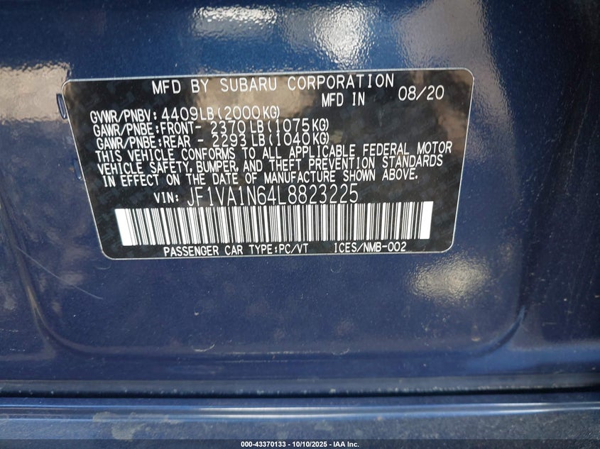 2020 SUBARU WRX LIMITED JF1VA1N64L8823225
