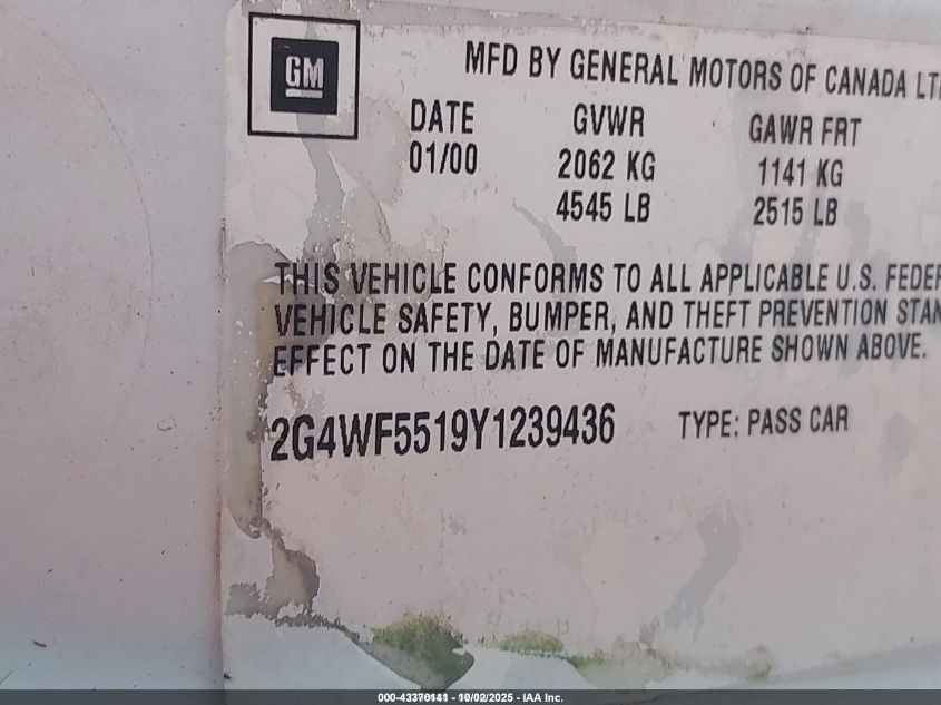2000 Buick Regal Gs VIN: 2G4WF5519Y1239436 Lot: 43370141