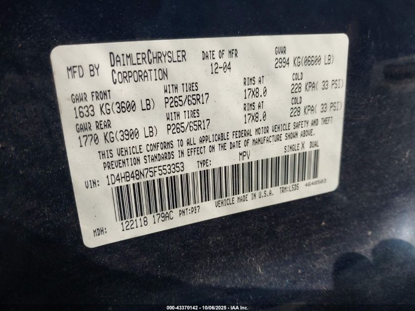 2005 Dodge Durango Slt VIN: 1D4HB48N75F553353 Lot: 43370142