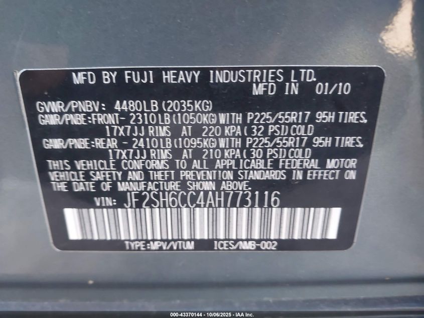 2010 Subaru Forester 2.5X Premium VIN: JF2SH6CC4AH773116 Lot: 43370144