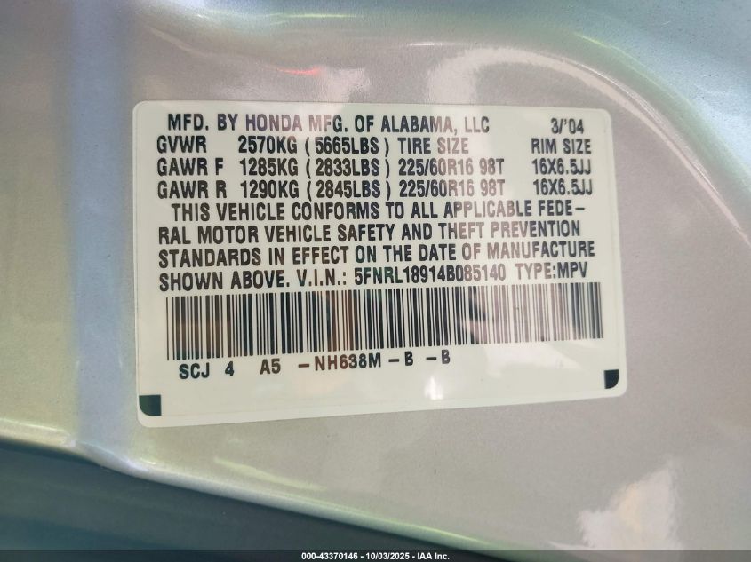 2004 Honda Odyssey Ex-L VIN: 5FNRL18914B085140 Lot: 43370146