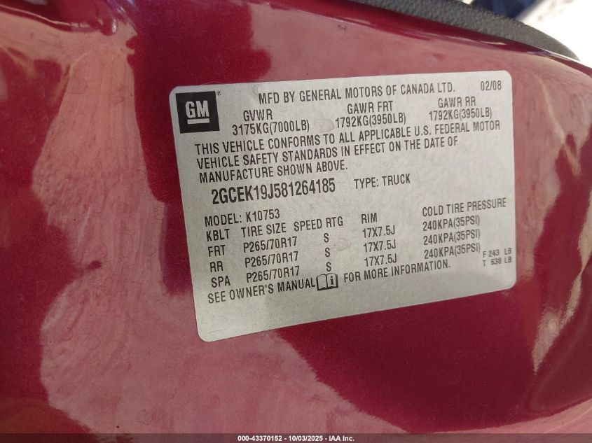 2008 Chevrolet Silverado 1500 Lt1 VIN: 2GCEK19J581264185 Lot: 43370152