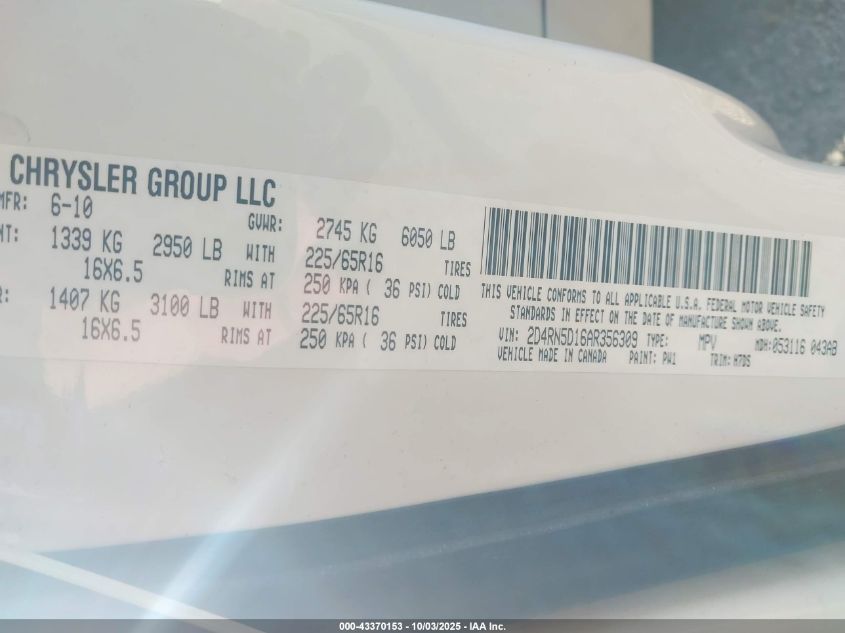 2010 Dodge Grand Caravan Sxt VIN: 2D4RN5D16AR356309 Lot: 43370153