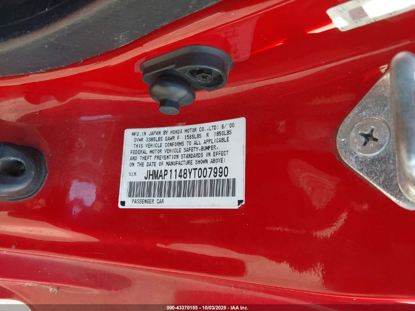 2000 Honda S2000 VIN: JHMAP1148YT007990 Lot: 43370155