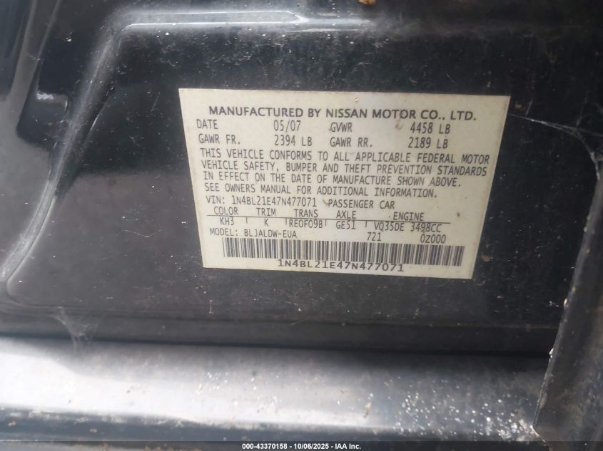 2007 Nissan Altima 3.5 Se VIN: 1N4BL21E47N477071 Lot: 43370158