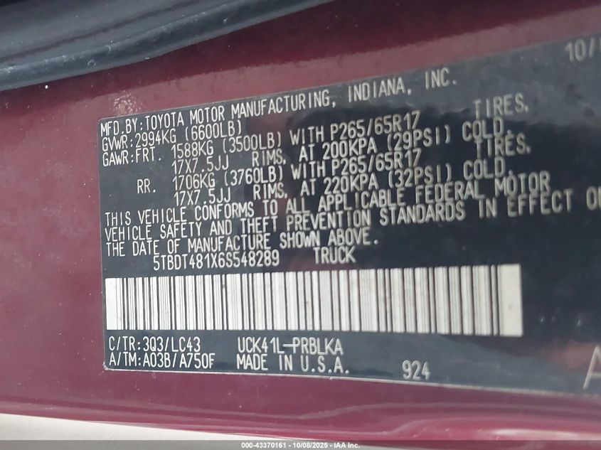 2006 Toyota Tundra Limited V8 VIN: 5TBDT481X6S548289 Lot: 43370161