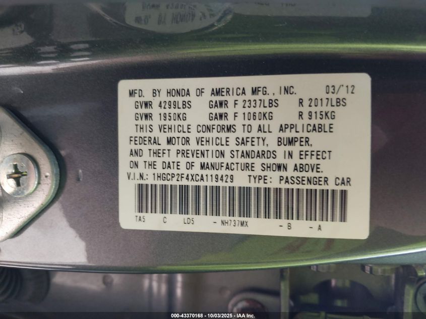 2012 Honda Accord 2.4 Lx-P VIN: 1HGCP2F4XCA119429 Lot: 43370168