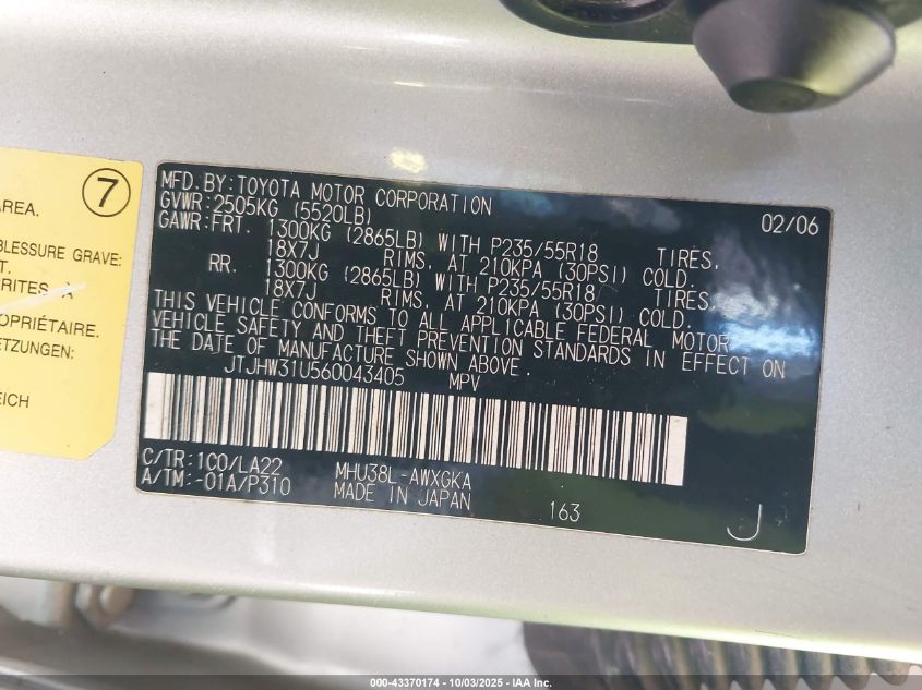 2006 Lexus Rx 400H VIN: JTJHW31U560043405 Lot: 43370174