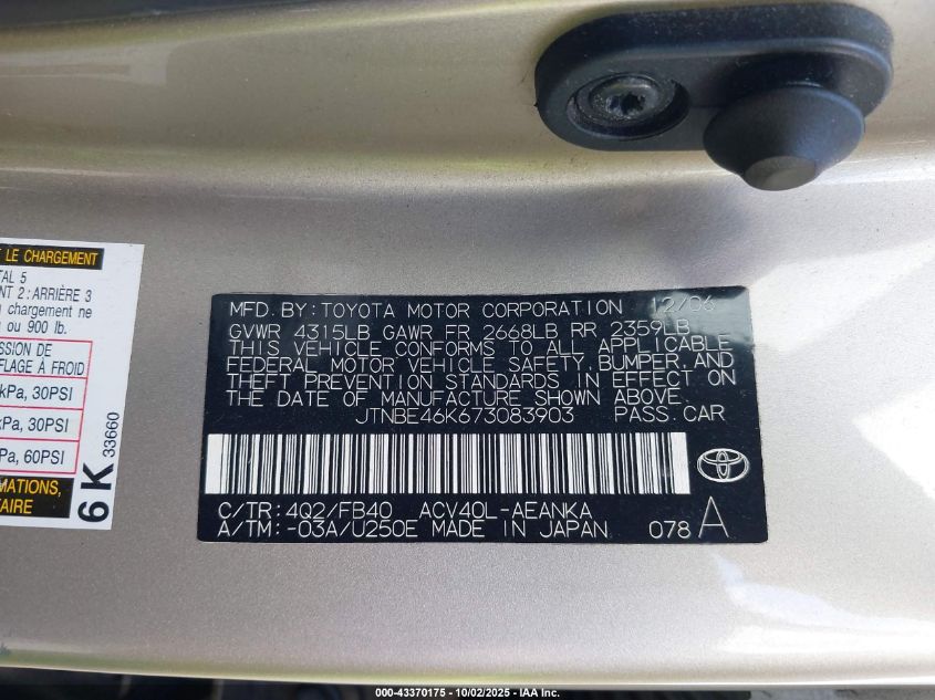 2007 Toyota Camry Ce VIN: JTNBE46K673083903 Lot: 43370175