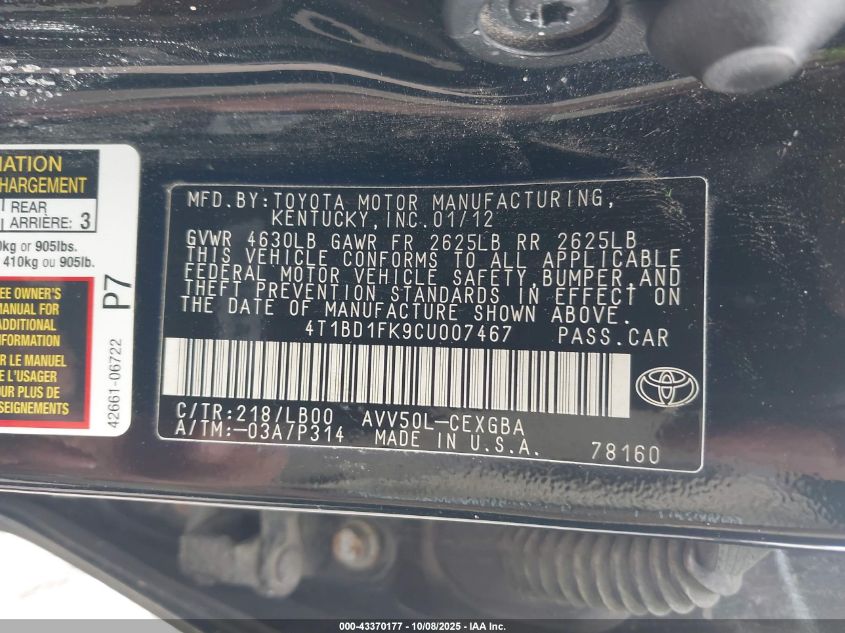 2012 Toyota Camry Hybrid Xle VIN: 4T1BD1FK9CU007467 Lot: 43370177