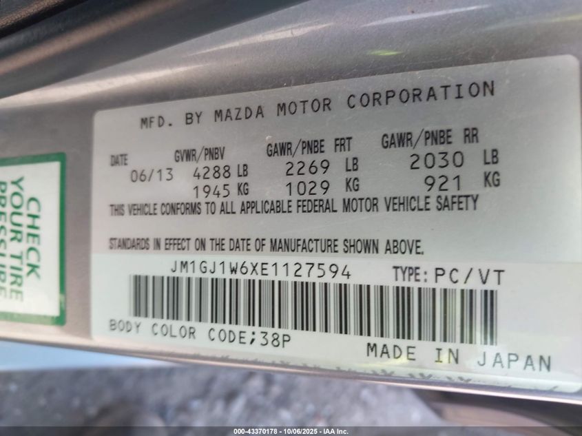 2014 Mazda Mazda6 I Grand Touring VIN: JM1GJ1W6XE1127594 Lot: 43370178