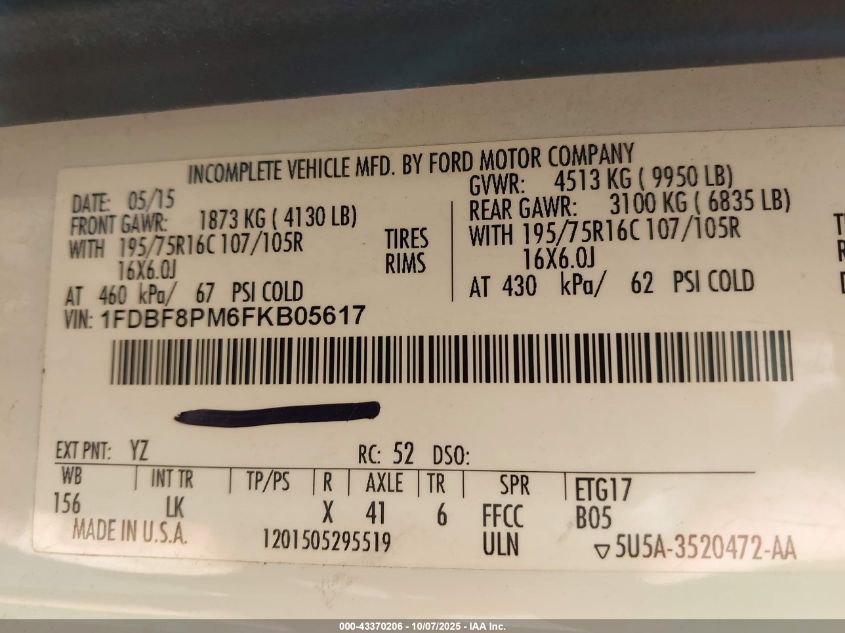 2015 Ford Transit-350 Cutaway VIN: 1FDBF8PM6FKB05617 Lot: 43370206