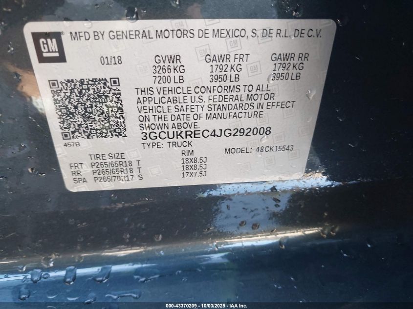 2018 Chevrolet Silverado 1500 1Lt VIN: 3GCUKREC4JG292008 Lot: 43370209