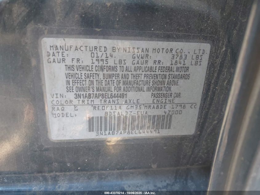 2014 Nissan Sentra Sv VIN: 3N1AB7AP8EL644491 Lot: 43370214