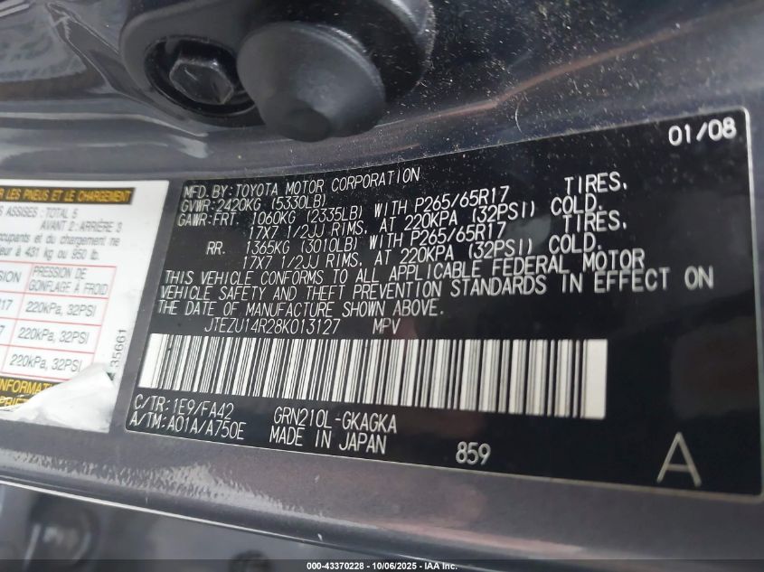 2008 Toyota 4Runner Sr5 V6 VIN: JTEZU14R28K013127 Lot: 43370228