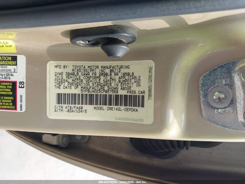 2012 Toyota Corolla L VIN: 5YFBU4EE5CP057569 Lot: 43370234