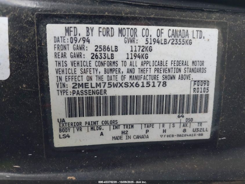 1995 Mercury Grand Marquis Ls VIN: 2MELM75WXSX615178 Lot: 43370239