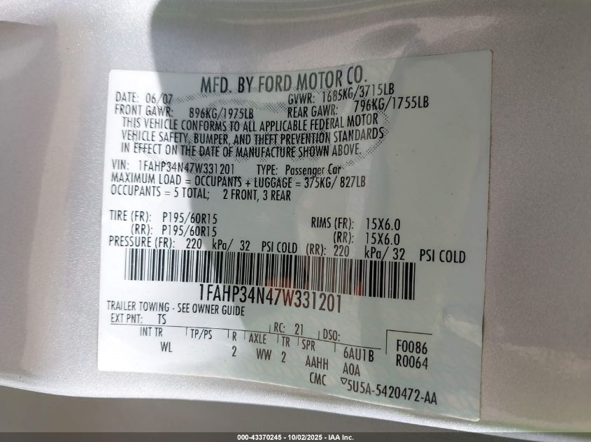 2007 Ford Focus S/Se/Ses VIN: 1FAHP34N47W331201 Lot: 43370245