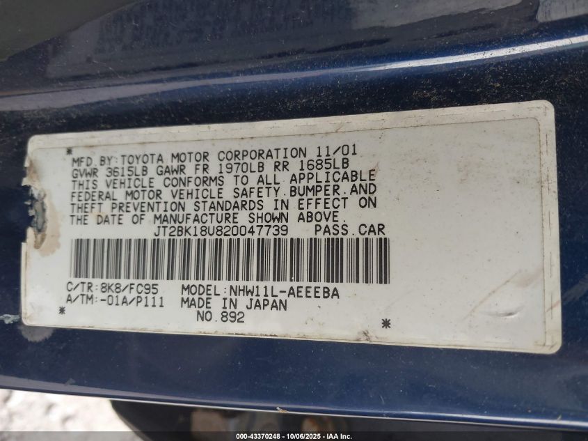 2002 Toyota Prius VIN: JT2BK18U820047739 Lot: 43370248