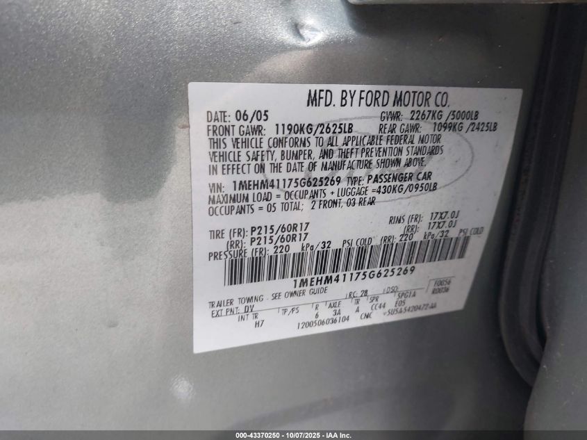 2005 Mercury Montego Luxury VIN: 1MEHM41175G625269 Lot: 43370250