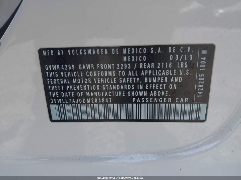 2013 Volkswagen Jetta 2.0L Tdi VIN: 3VWLL7AJ0DM284847 Lot: 43370254