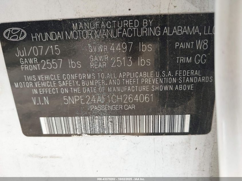 2016 Hyundai Sonata Se VIN: 5NPE24AF1GH264061 Lot: 43370282