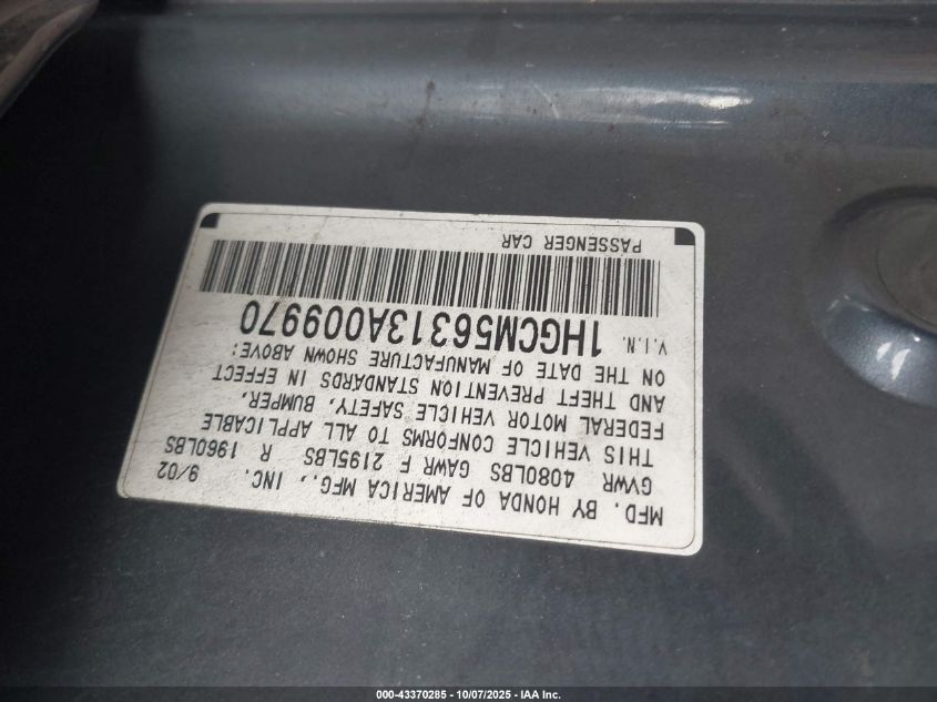 2003 Honda Accord 2.4 Lx VIN: 1HGCM56313A009970 Lot: 43370285