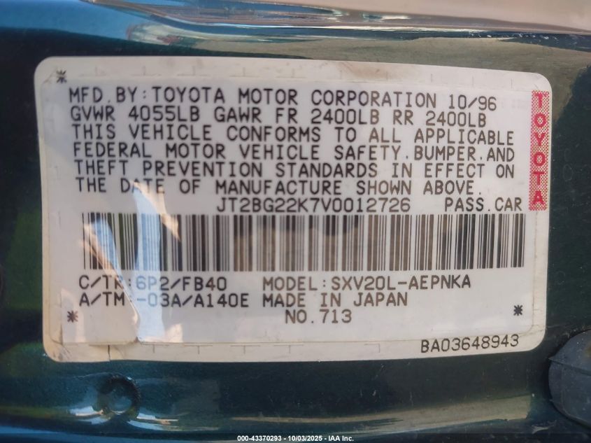 1997 Toyota Camry Le VIN: JT2BG22K7V0012726 Lot: 43370293
