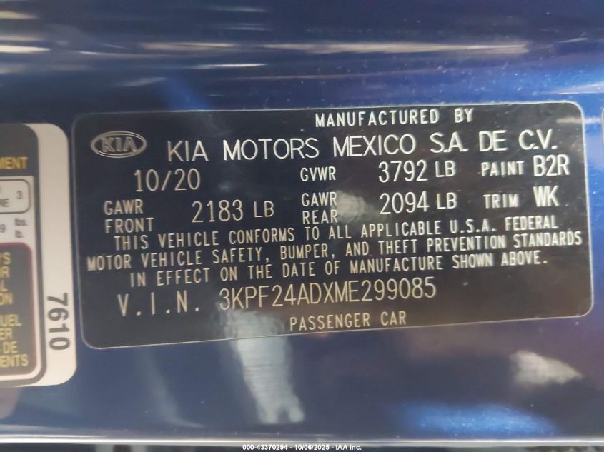 2021 Kia Forte Lxs VIN: 3KPF24ADXME299085 Lot: 43370294