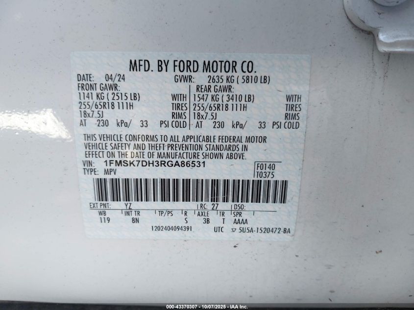 2024 Ford Explorer Xlt VIN: 1FMSK7DH3RGA86531 Lot: 43370307