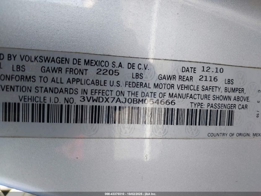 2011 Volkswagen Jetta 2.5L Se VIN: 3VWDX7AJ0BM054666 Lot: 43370310