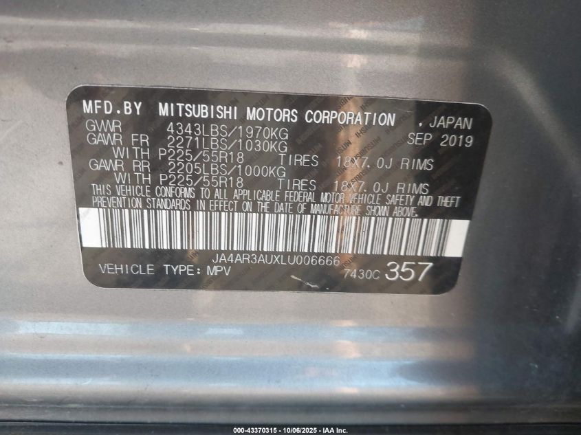 2020 Mitsubishi Outlander Sport 2.0 Es Awc VIN: JA4AR3AUXLU006666 Lot: 43370315