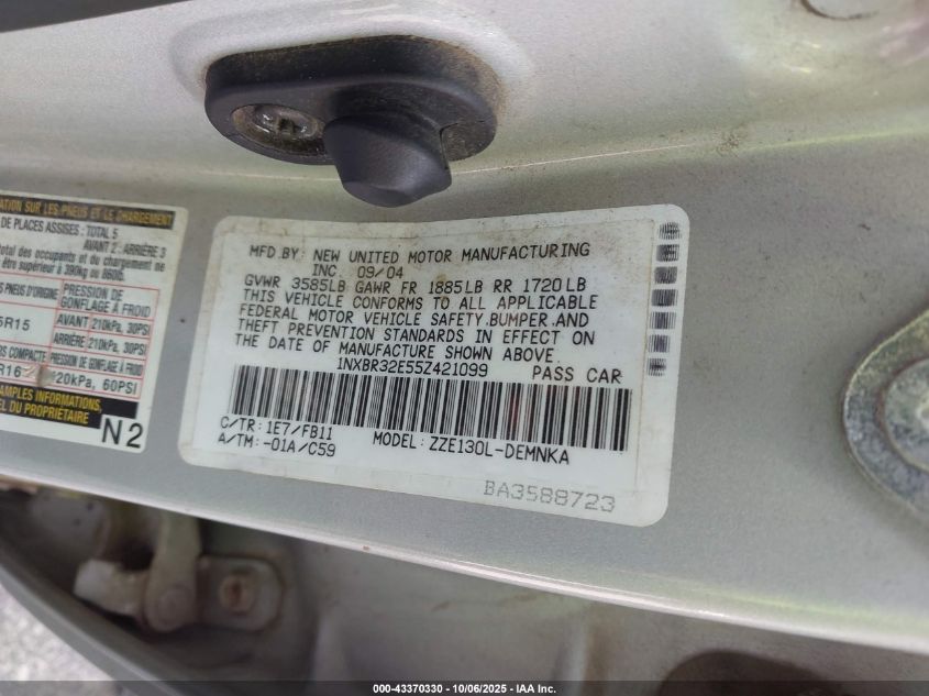 2005 Toyota Corolla Le VIN: 1NXBR32E55Z421099 Lot: 43370330