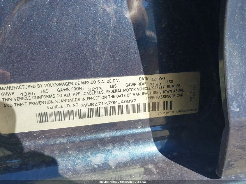 2009 Volkswagen Jetta Se VIN: 3VWRZ71K79M140897 Lot: 43370332