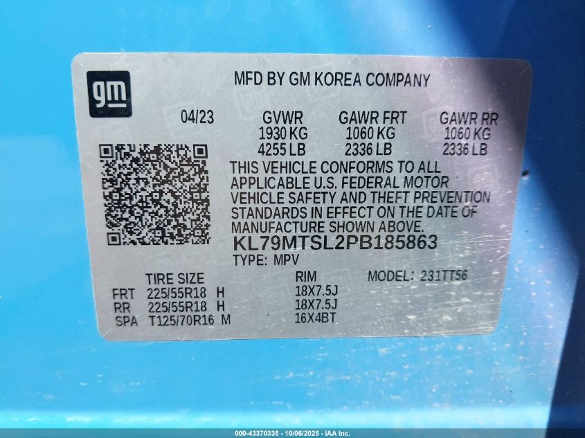 2023 Chevrolet Trailblazer Fwd Rs VIN: KL79MTSL2PB185863 Lot: 43370335