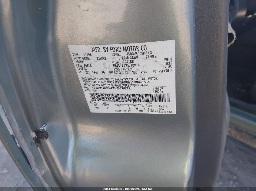 2007 Ford Escape Xlt/Xlt Sport VIN: 1FMYU03147KB78872 Lot: 43370336