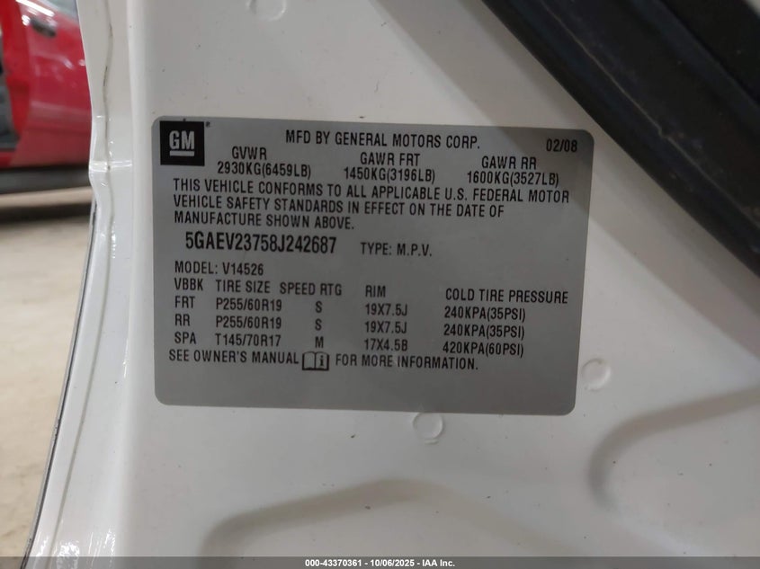 2008 Buick Enclave Cxl VIN: 5GAEV23758J242687 Lot: 43370361