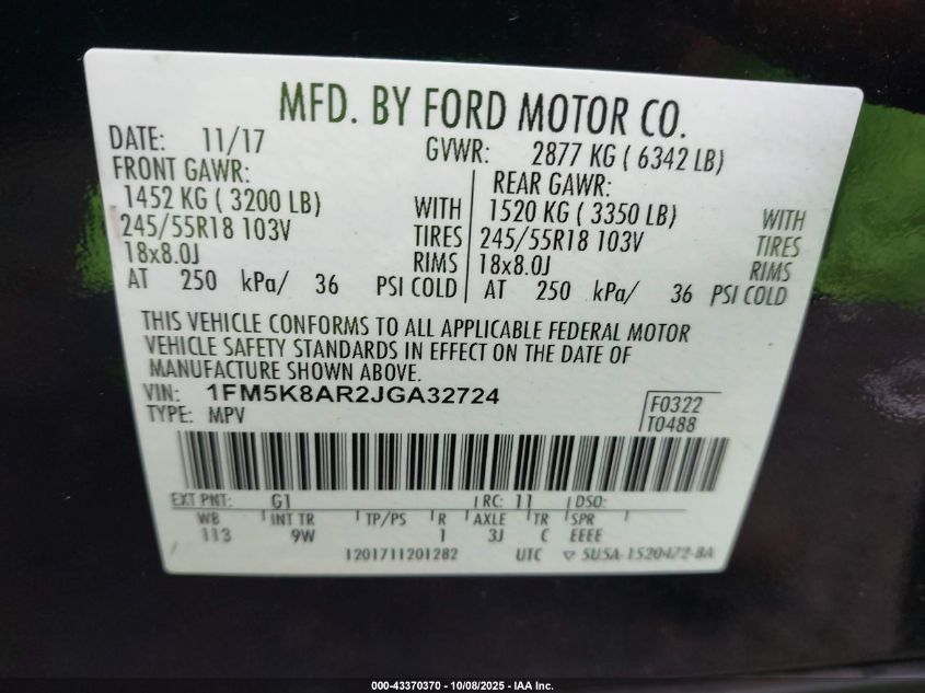 2018 FORD POLICE INTERCEPTOR 1FM5K8AR2JGA32724