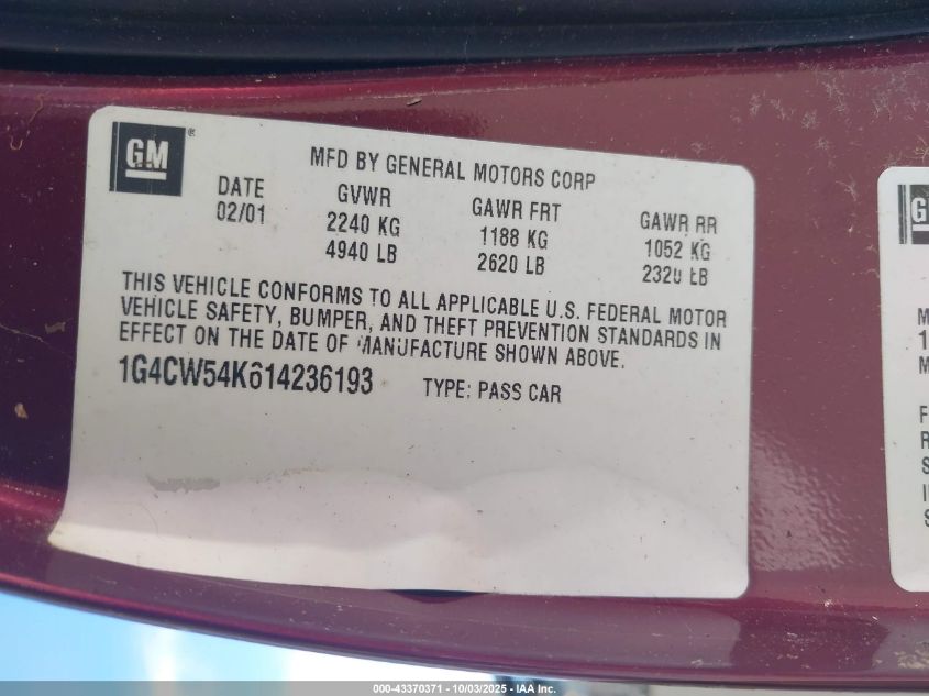 2001 Buick Park Avenue VIN: 1G4CW54K614236193 Lot: 43370371
