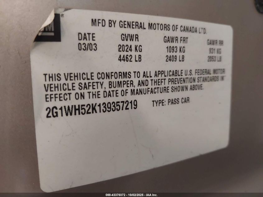 2003 Chevrolet Impala Ls VIN: 2G1WH52K139357219 Lot: 43370372