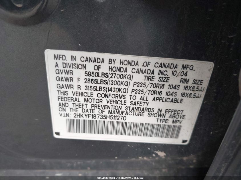 2005 Honda Pilot Ex-L VIN: 2HKYF18735H511270 Lot: 43370373