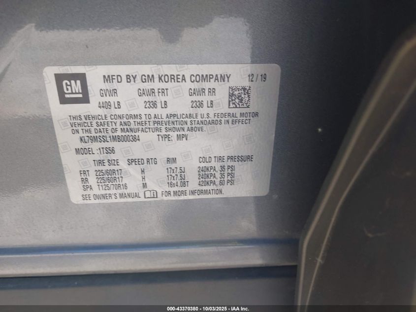 2021 Chevrolet Trailblazer Awd Activ VIN: KL79MSSL1MB000384 Lot: 43370380