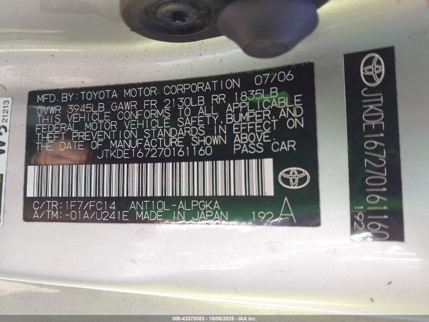 2007 Scion Tc VIN: JTKDE167270161160 Lot: 43370383