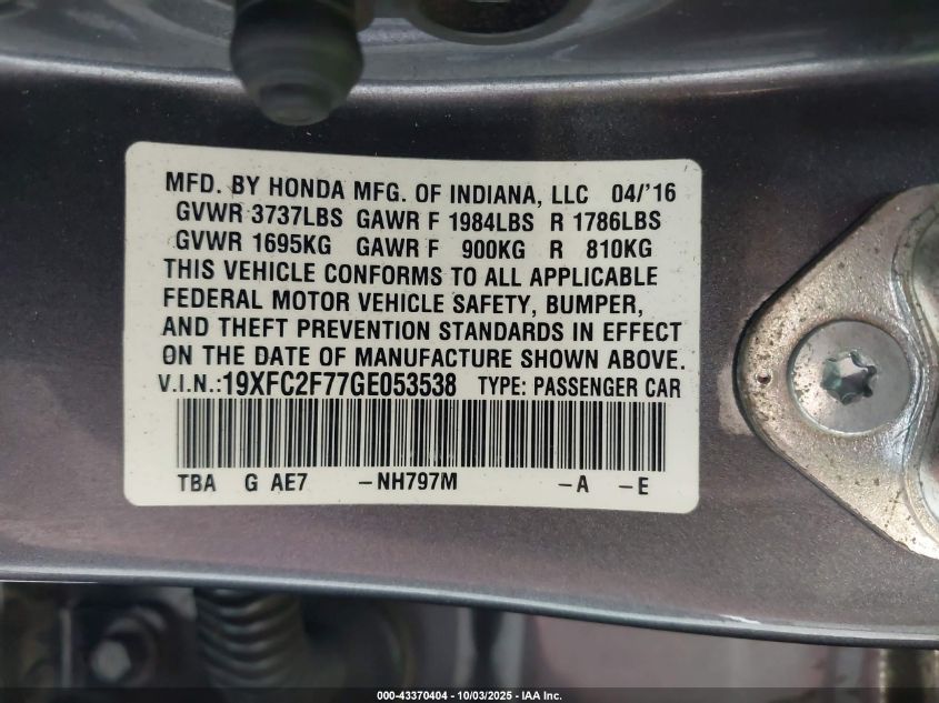 2016 Honda Civic Ex VIN: 19XFC2F77GE053538 Lot: 43370404