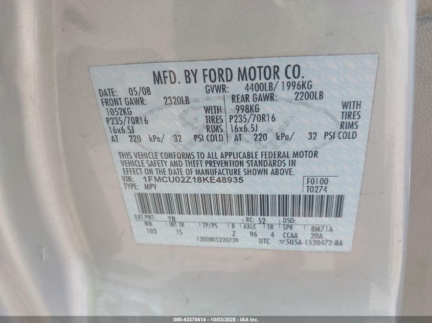 2008 Ford Escape Xls/Xls Manual VIN: 1FMCU02Z18KE48935 Lot: 43370414