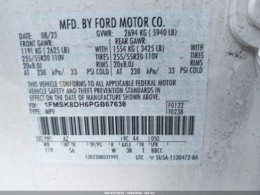 2023 Ford Explorer Xlt VIN: 1FMSK8DH6PGB67638 Lot: 43370416