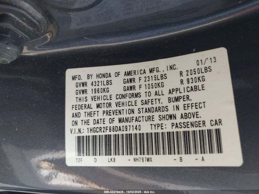 2013 Honda Accord Ex-L VIN: 1HGCR2F88DA097140 Lot: 43370439
