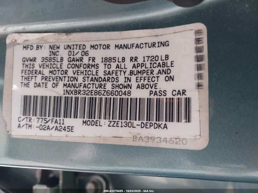 2006 Toyota Corolla Ce VIN: 1NXBR32E86Z660048 Lot: 43370455