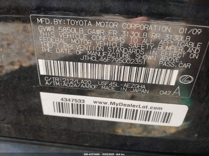 2009 Lexus Ls 460 VIN: JTHCL46F795002351 Lot: 43370458